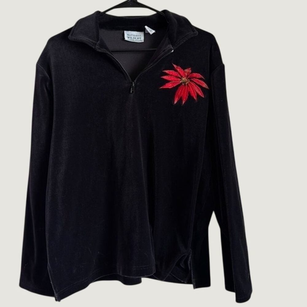 National Wildlife Federation Black Velour Poinsettia Quarter Zip Pullover M